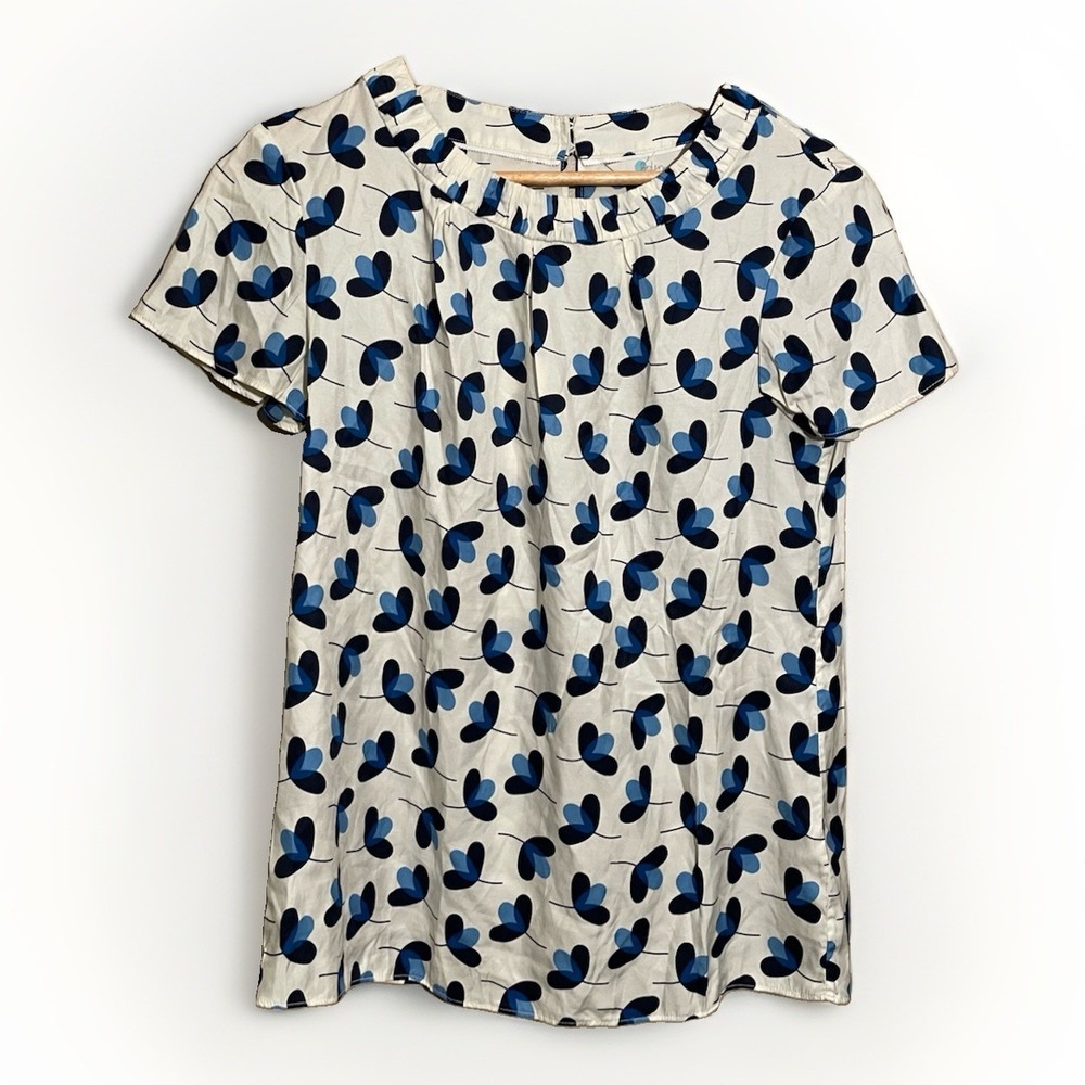 Boden Modern Floral Silk Blend Short Sleeve Blouse Top Women's US 6 White Blue